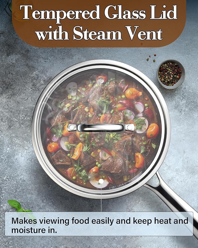 Cook N Home Stainless Steel Sauce Pan with Lid, 1.5 Quart 3-Ply Full Clad Small Kitchen Pot, Dishwasher & Oven Safe, Compatible w/ All Cooktops