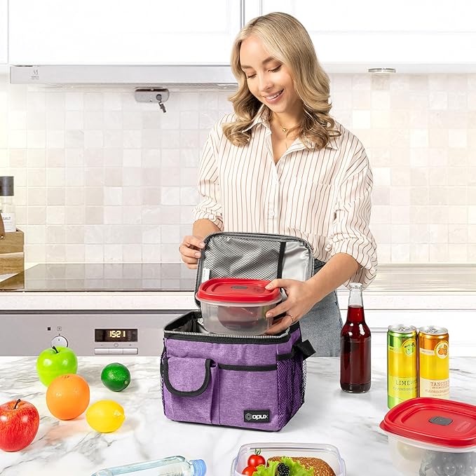 opux Insulated Lunch Bag for Men Women, Leakproof Heather Purple Lunch Box for Work, Portable Soft Lunch Cooler Bag with Shoulder Strap, Adult Lunchbox Lunch Pail for Kid Boy Girl School, 14 Can/8L