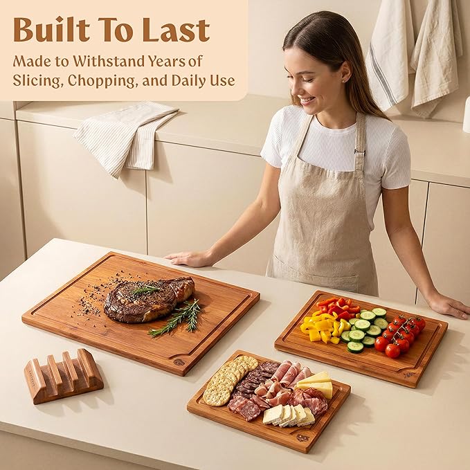 Carbonized Bamboo Cutting Boards – Cutting Board Set of 3 Heat Treated for Rich Color & Lower Moisture Absorption, Chopping Boards with Juice Groove, Non-Toxic, FSC Certified incl. Stand