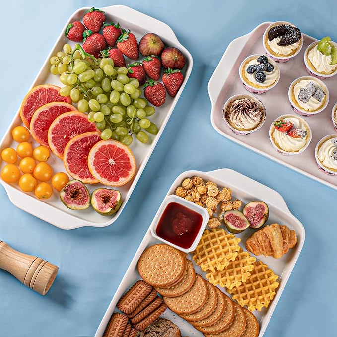 Dizada Large Serving Platter with Handles 16"x9" - White Porcelain Serving Trays Set of 3, Rectangular Platters for Entertaining, Party, Appetizer, Charcuterie