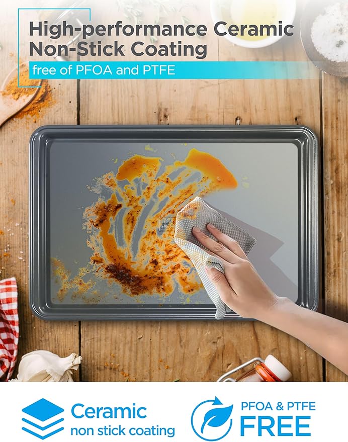 BLACK+DECKER 3-Piece Carbon Steel Baking Sheet Set, Includes 13”, 15”, 17” Cookie Sheets for Baking, 0.4mm Carbon Steel Baking Pans Set with Ceramic Non-Stick Coating, PFOA & PTFE Free, Black Finish