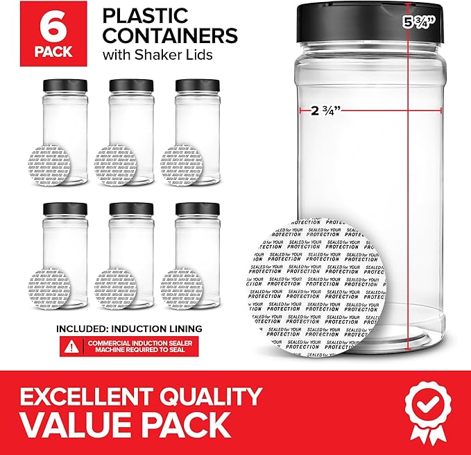 6 Pack 16 oz Plastic Spice Jars, Empty Seasoning Containers for Homemade Rub, Spices, Glitter, and More, Small Spice Containers with Black Shaker Lids and Heat-Induction Liner, Clear Spice Jars