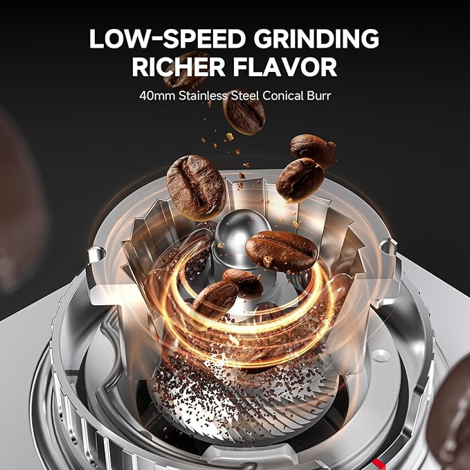 Burr Coffee Grinder with 45 Gind Settings, Anti-Static Conical Burr, Precision Electronic Timer & LED Touchscreen for Espresso/Drip/Cold Brew/French Press, All-Metal Stainless Steel Body, Silver