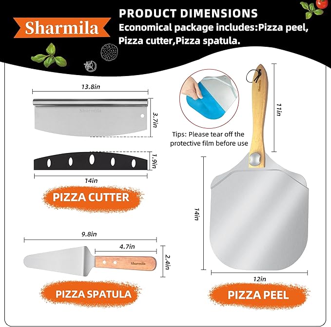 Sharmila Pizza Peel 12 Inch, Aluminum Pizza Paddle with Foldable Wooden Handle,Pizza Rocker Cutter,and Metal Pizza Spatula-Ideal for Family Pizza Oven Baking,Dough,Bread & Pastry