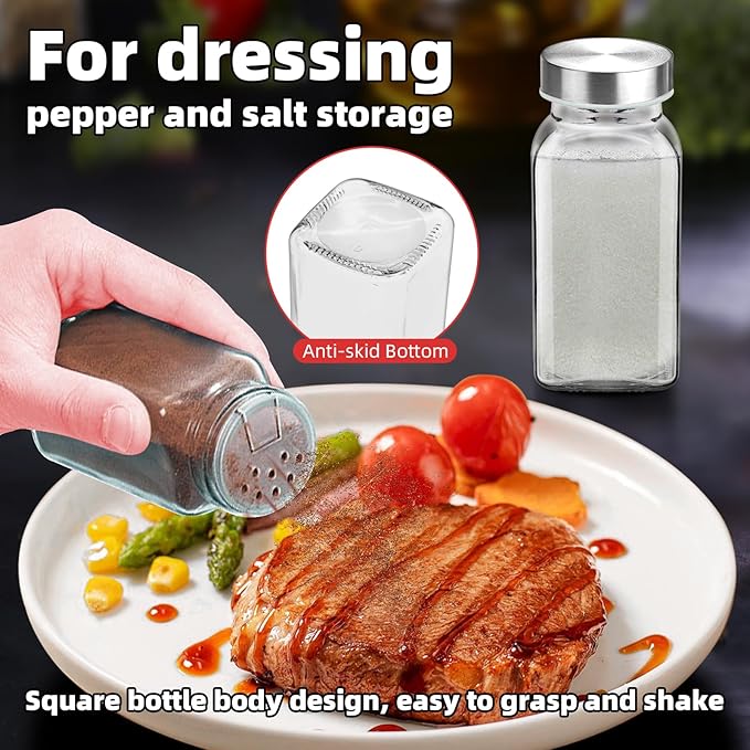 2Pcs 6oz Glass Spice Jars 304 Stainless steel Lids with Shaker Lids, Spice Jars Trial Set & Supplement Set, Empty Spice Containers and Square Spice Bottles for Kitchen (2)