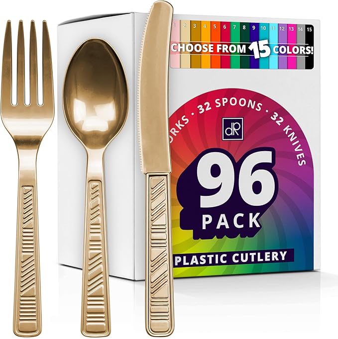 DecorRack Plastic Cutlery Set, Gold Colored Plastic Silverware Sets for Parties, 96 Piece Bulk Heavy Duty Utensils (Gold, 96 Pieces)