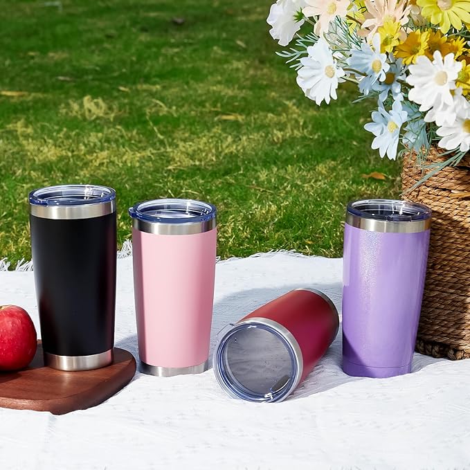 MEWAY 20oz Tumbler 4 Pack Double Wall Vacuum Insulated Travel Mug Bulk, Stainless Steel Tumblers with Lid and Straw, Durable Powder Coated Coffee Cups for Cold & Hot Drinks (Silver, 4)