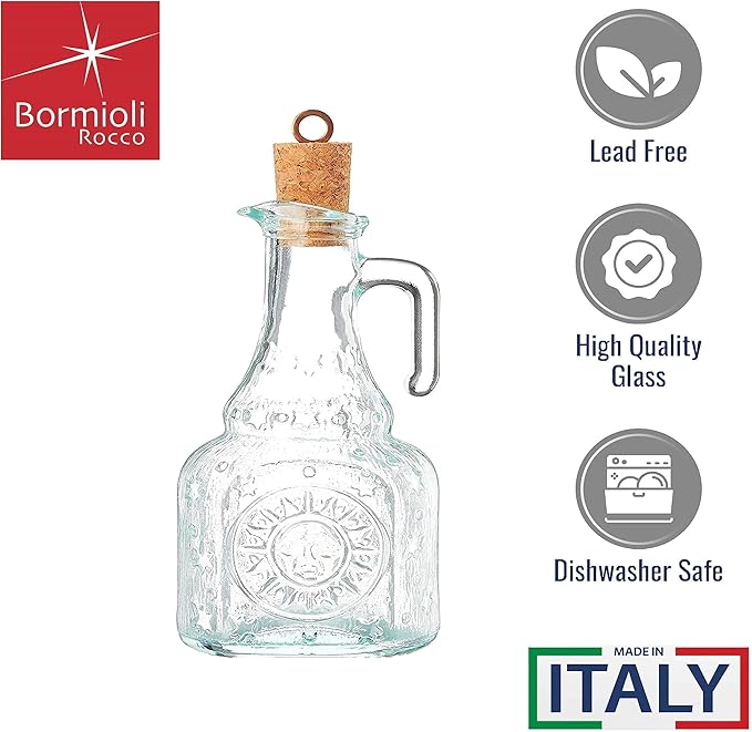 Bormioli Rocco Country Home Helios Oil Bottle Set of 2, 8 Oz. Refillable Glass Dispensers with Pour Spouts for Olive Oil, Vinegar & Condiments - Italian Glass Kitchen Storage Containers