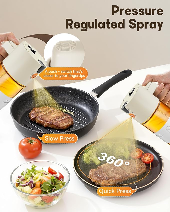 Upgrade 2 in 1 Oil Sprayer for Cooking, 17oz Light-Blocking Glass Olive Oil Dispenser Bottle for Kitchen,Food-Grade Oil Mister with 8 Stickers for Salad, Frying (Brown Bottle-White Cap)