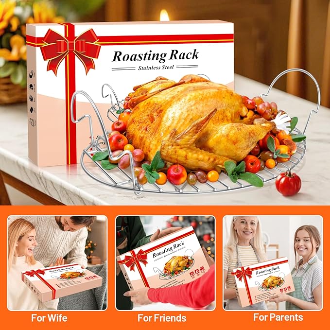 16.5inch Oval Roasting Rack for Oven, Thanksgiving Christmas Gifts for Mom Men Wife Cooking Home Chefs, Stainless Steel Cooling Rack with Handle, Wire Rack for Cooking, Grilling, Drying