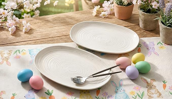 SANGO Siterra 2-Piece Speckled Stoneware Serving Platter Set for Easter - Large & Medium Ceramic Platters with Glossy Rustic Glaze, White Serving Dishes for Entertaining, Microwave and Dishwasher Safe