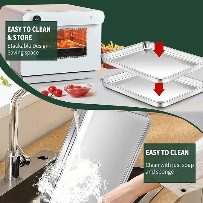 Small Baking Sheet with Rack Set [2 Cookie Sheets + 2 Baking Racks], CEKEE Stainless Steel Small Baking Pan and Grill Rack - Rust & Warp Resistant & Nonstick, Size 9.33 x 6.96 x 1 Inch