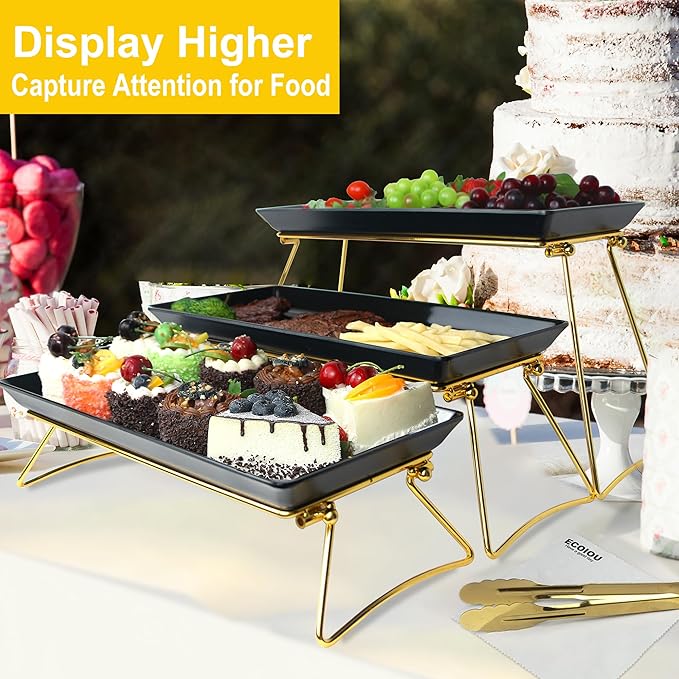 Extra Large 3 Tier Serving Tray, 24 x22 x 9.8 Inch Melamine Tiered Tray Stand and Platters for Party Buffet Entertaining, Black and Gold