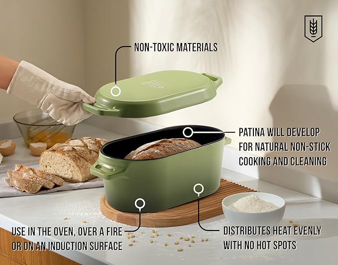 KooK Enameled Cast Iron Dutch Oven for Sourdough Bread Baking - 3.4 Qt Pot with Lid for Even Heat Distribution - Includes Silicon Bread Sling and Recipe Book for Home Bakers
