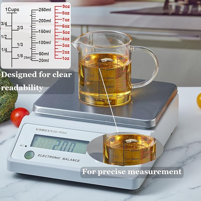 Glass Measuring Cup-[Insulated handle | V-Shaped Spout]-Made of High Borosilicate Glass Measuring Cup for Kitchen or Restaurant, Easy to Read, 250 ML (8 Oz, 1 Cup)