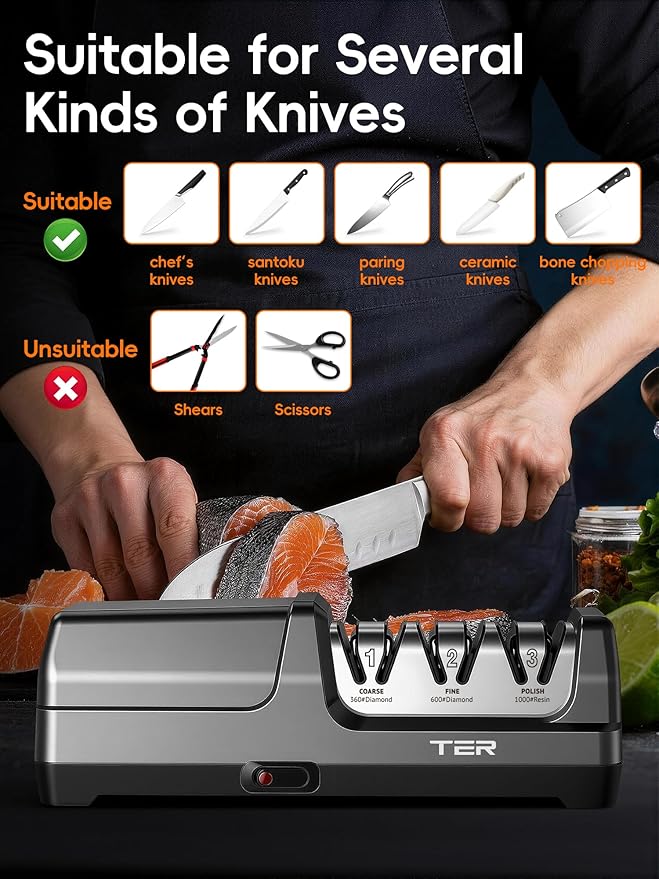 Electric Knife Sharpener, Precise 20° Diamond 3-Stage Knife Sharpener for Kitchen Knives, 40S Quick Sharpening & Polishing for Chef, Santoku, Ceramic Knives, Easy to Use for Beginners, Black