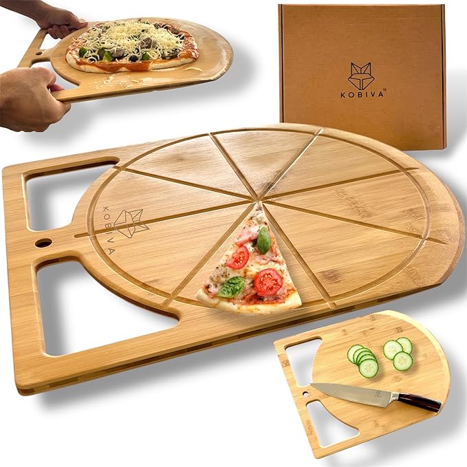 17"x13.5" Bamboo Pizza Peel & Cutting Board 2-in-1 | Dual-Grip Wooden Pizza Paddle with Pizza Spatula | Large Pizza Board Baking Accessories | Pizza Turning Peel for Oven, 2-in-1 Pizza Set