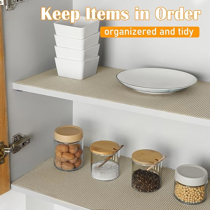 Songrey Non-Adhesive Drawer and Shelf Liner, Non Slip Cabinet Liners, Protect Kitchen Cupboard, Bathroom Drawers, Breathable, Thick Strong Grip mat (12IN x 20FT, Beige)
