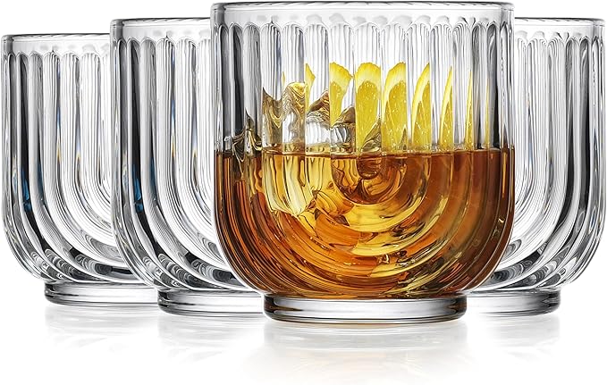 Glaver's Vintage Glassware Art Deco Glasse Ribbed Drinking Glasses U-Shape Arch Design Colored Cocktail Kitchen Tumblers Everyday Dinner Decorative Party (Clear S/4 11oz)