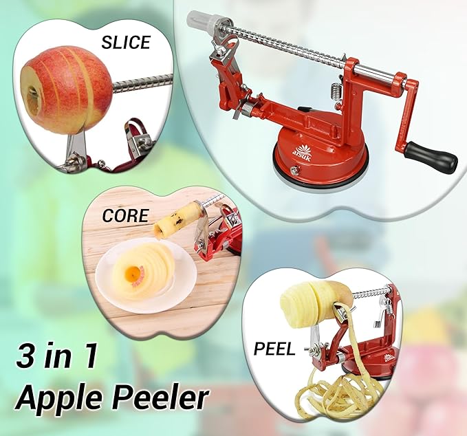 Apple Peeler Slicer Corer - (Extra 2 Blades & 1 Corer) 3 in 1 Kitchen Peeling Machine for Vegetables and Fruits, Stainless Steel Adjustable Blade, Anti Slip Suction Base