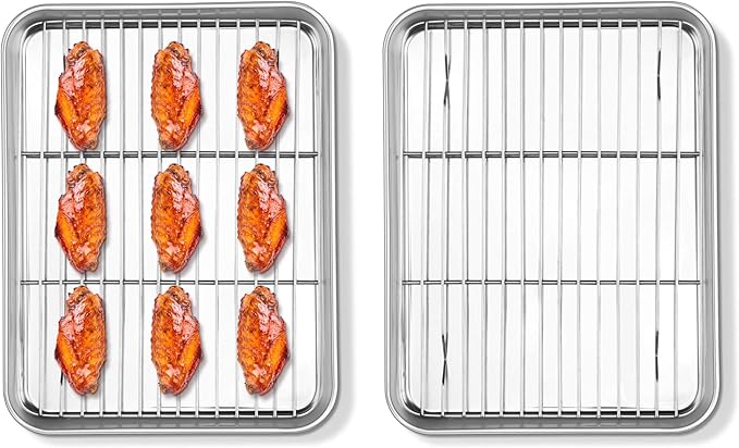 Homikit Baking Sheet with Rack Set (2 Pans + 2 Racks), 10 x 8 Inches Stainless Steel Small Cookie Sheets with Cooling Racks Non Toxic, Metal Toaster Oven Bacon Crisp Trays for Baking, Dishwasher Safe