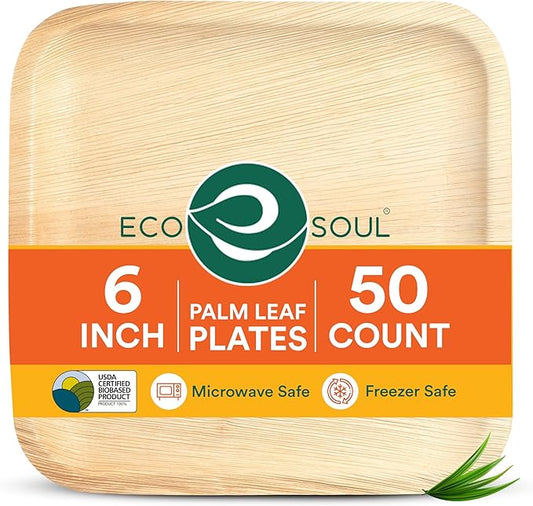 ECO SOUL Palm Leaf Like Bamboo Plates, 6 Inch Square, 50 Pack Bulk Disposable Appetizer & Dessert Tableware, Compostable Biodegradable Natural Wooden Small Party Plates for Wedding, Catering, Events