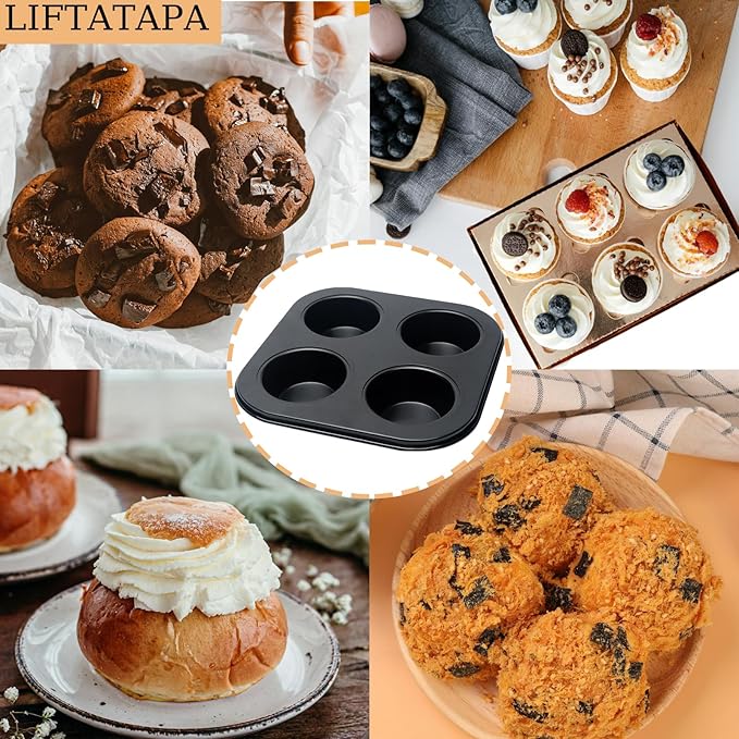 4 Cup Muffin Pan Mold, Non-stick Cupcake Baking Pan Mini Pie Pans, Carbon Steel Cake Mould Muffin Tray Standard Baking Mold Pan for Oven Baking(Black)