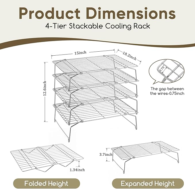 Herogo 15" x 10" Cooling Rack, 4-Tier Stainless Steel Baking Rack for Cookies, Cupcakes, and Pastries, Collapsible Space-Saving Design, Dishwasher Safe, Ideal for Baking, Roasting, and Drying