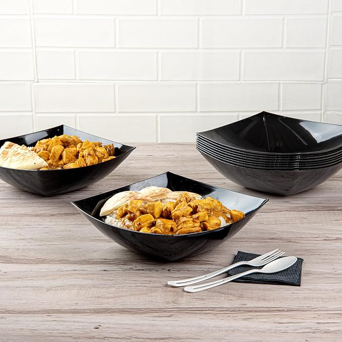Restaurantware Moderna 64 Ounce Fancy Plastic Bowls 10 Square Disposable Salad Bowls - Durable Heavy-duty Black Plastic Bowls For Warm And Cold Foods