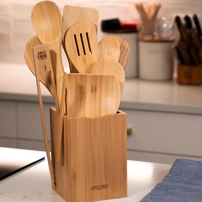 Joyce Chen 11-Piece Burnished Bamboo Cooking Utensil Set with Holder & Spoon Rest, Nonstick-Safe Spoons, Spatulas & Tongs