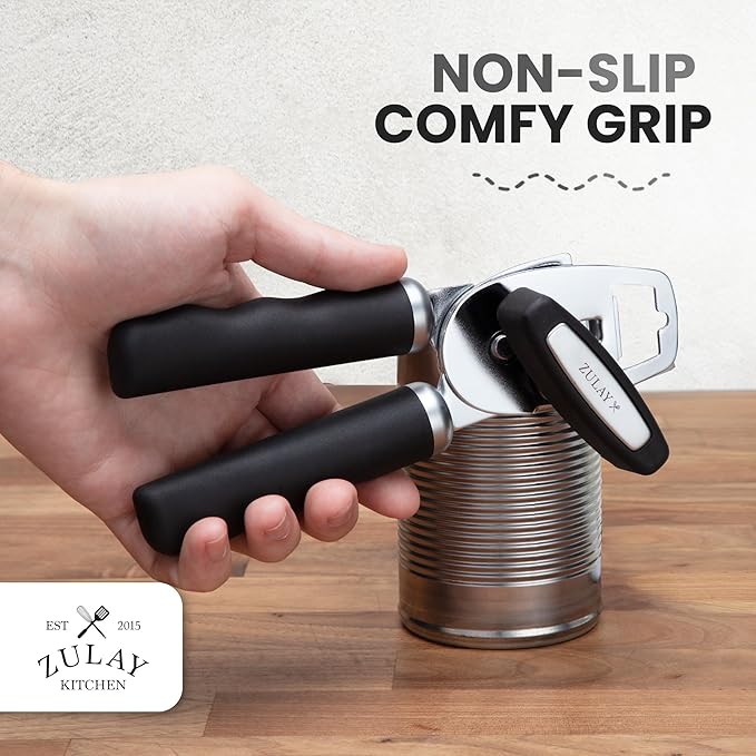 Zulay Kitchen COMFY™ Can Opener Manual with Bottle Opener - Rust Proof Stainless Steel Manual Can Opener With Turn Knob & Comfy Soft Grip Handles - Black