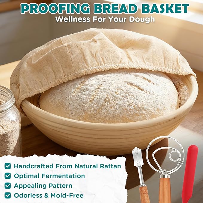 Enameled Cast Iron Dutch Oven Pot with Lid, Incl. Sourdough Bread Baking Supplies Like Banneton Bread Proofing Basket, Starter Jar, Scoring Tool Lame, 5QT Dutch Oven for Bread Baking, Oven Safe up to 500°F