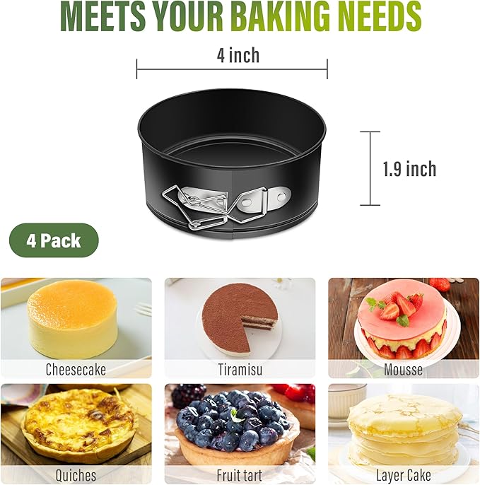 Vakoo Springform Pan - Nonstick, Leakproof Cheesecake Pan for Baking, Easy Release, No Parchment Paper Needed, 4 Inch, Set of 4