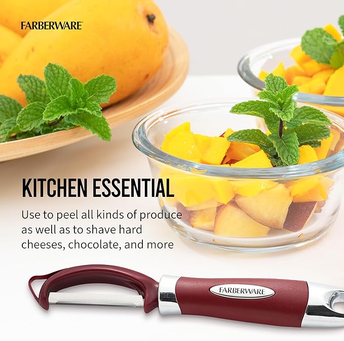 Farberware Euro Peeler, a Kitchen Essential for Quick and Easy Peeling of Produce, Chocolate, Cheeses and More, Features Hang-Hole for Easy Storage, Dishwasher Safe, Red