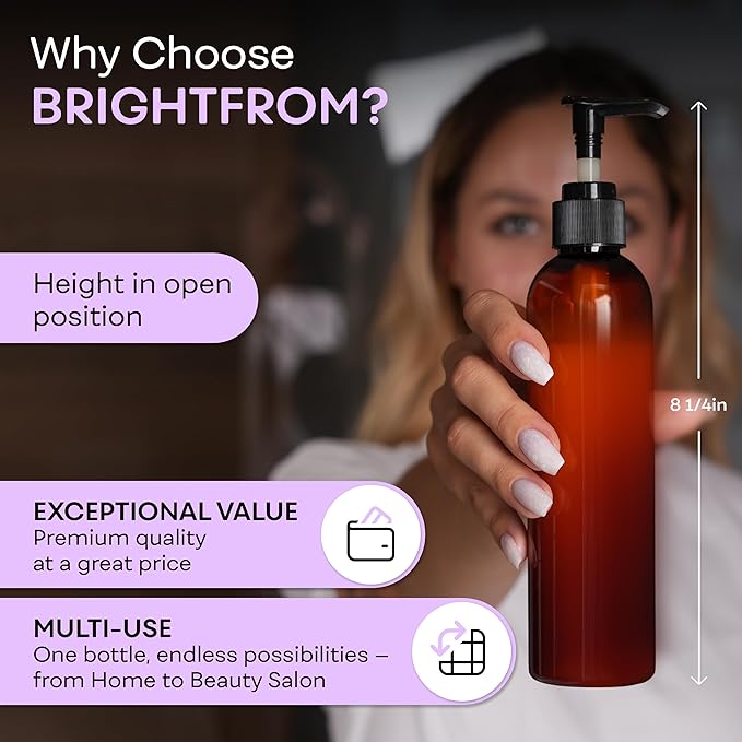 BRIGHTFROM Lotion Pump Bottles, Empty 8 OZ, BPA-Free Refillable Plastic Containers, Amber with Black Dispenser for - Soap, Shampoo, Lotions, Liquid Body Soap, Creams and Massage Oil (2 Pack)