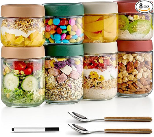 8 Pack Overnight Oats Containers with Lids, Large & Small Glass Mason Jars 16oz & 10 oz, Breakfast Oatmeal Container to Go, Salad Meal Prep Jars for Food Storage, Mush Chia Seed Pudding Jars