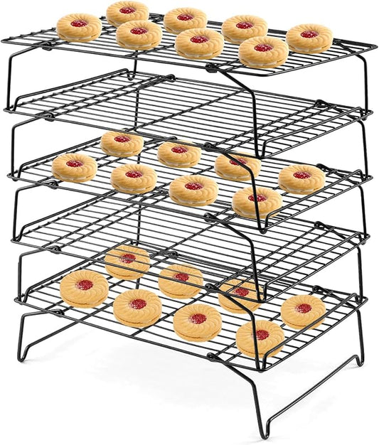 Leonyo 5-Tier Stackable Cooling Rack, Stainless Steel Baking Cooking Racks for Cooling Roasting Grilling, Oven Safe & Easy Clean, Collapsible & Heavy Duty,15" x 10", Black