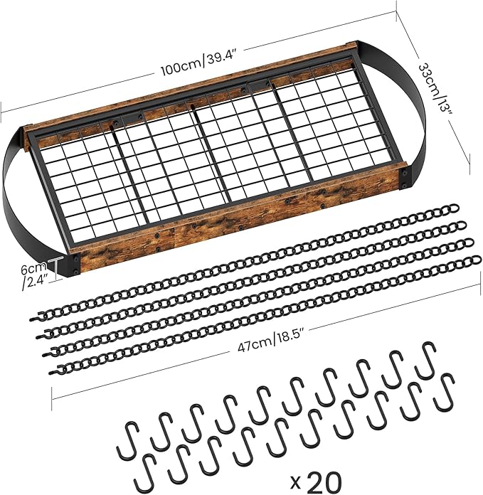 31.7-Inch Hanging Pot Rack, Space-Saving Pot Hanger for Kitchen, Ceiling Pan Hanging Rack with 16 Detachable S Hooks, Sturdy Metal Frame, Industrial Style, Rustic Brown and Black TPR09BF