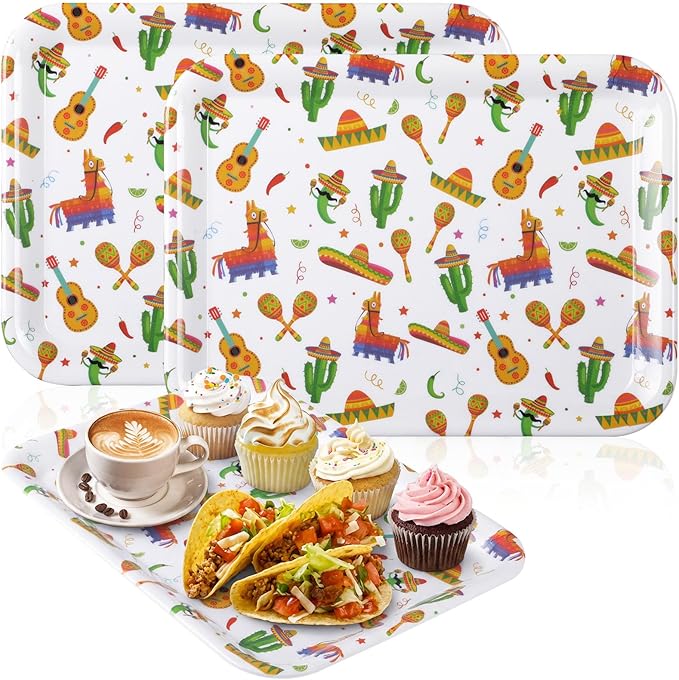 Vesici 3 Pcs Mexican Serving Trays 13 x 10 Inch Fiesta Cinco De Mayo Melamine Platters Reusable Rectangular Serving Dishes for Mexican Taco Theme Birthday Baby Shower Party Sharing Snack Fruit Dessert