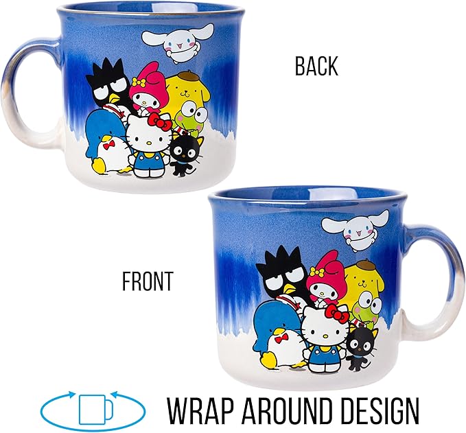 Silver Buffalo Sanrio Hello Kitty and Friends Featuring Chococat, Tuxedo Sam, Badtz-Maru, My Melody, Pompompurin, Keroppi, and Cinnamoroll Reactive Glaze Ceramic Camper Mug, 20 Ounces