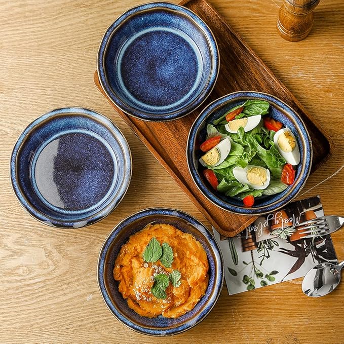 KOOV Ceramic Pie Dish, 6.5 Inches Pie Pan, Pot Pie Pans for Baking, Pie Plate for Dessert Kitchen, Round Baking Dish Pan for Dinner, Wave Series, Set of 6 (Nebula Blue)
