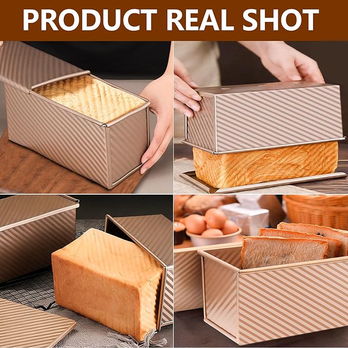 Pullman Loaf Pan with Lid 13x4, Large Bread Pan for Homemade Sandwich with Cover, 2.2lb Long Bread Loaf Tin for Sourdough, Nonstick & Easy Clean (Gold)
