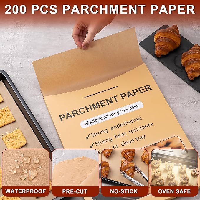 200Pcs Parchment Paper sheets，9x13 Inches Non-Stick Precut Baking Parchment，Unbleached，Parchment Paper For Baking，Fryer, Cooking,Oven,Perfect for Bread, Cakes, Barbecue