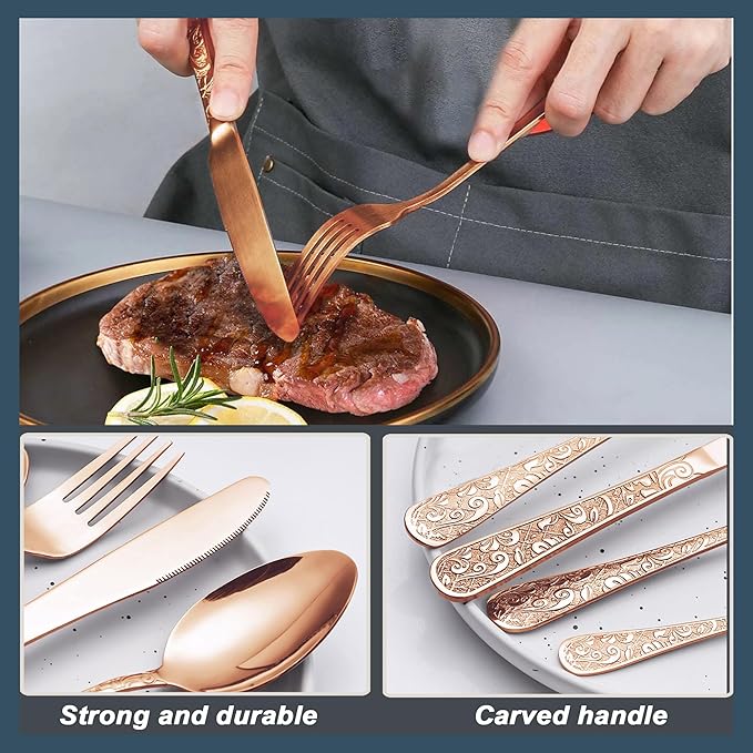 Runfly Vintage Carved Rose Gold/Copper Stainless Steel 20 Pieces Flatware Set, Silverware Set, Modern Embossed Cutlery Set Utensils Including Fork Spoon and Knife