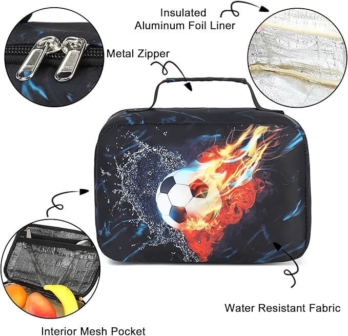 LEDAOU Lunch Bag Kids Insulated Lunch Box Boys Girls Insulated Reusable Lunch Bag for School Picnic Hiking (Soccer)
