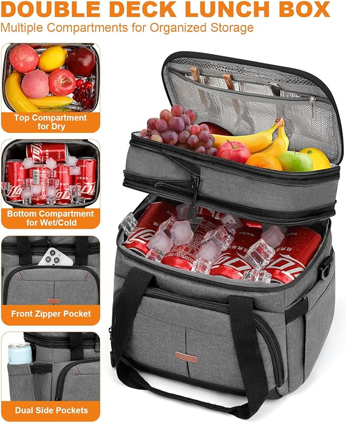 Lunch Box For Men Women Double Deck Insulated Lunch Bag For Men Woman Leakproof Expandable Cooler Bag with Adjustable Shoulder Strap for Work Picnic School(Gray‌,Medium)