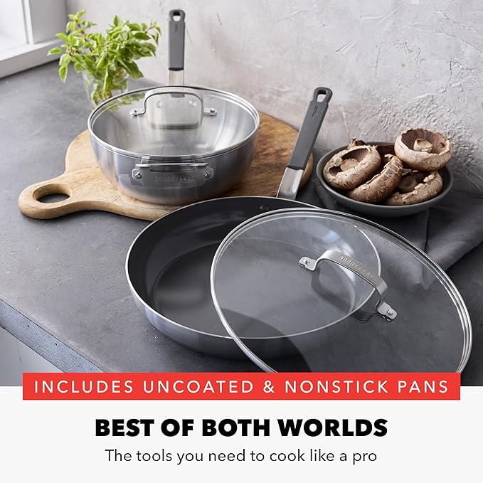 GreenPan x Bobby Flay Stainless Steel 3.75QT Saucepan and 12” Frying Pan Skillet with Glass Lids, Professional Grade Tri Ply, Induction Suitable, Dishwasher & Oven Safe, Stay Cool Silicone Handle