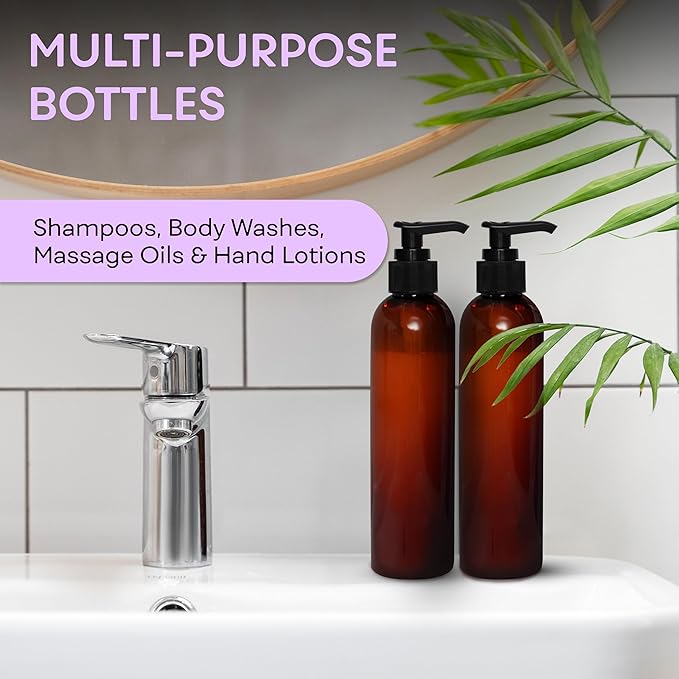 BRIGHTFROM Lotion Pump Bottles, Empty 8 OZ, BPA-Free Refillable Plastic Containers, Amber with Black Dispenser for - Soap, Shampoo, Lotions, Liquid Body Soap, Creams and Massage Oil (2 Pack)