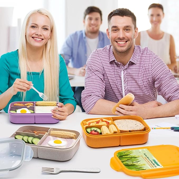 Wheat Straw Lunch Box, Leakproof 3-Compartment Bento Box for Kids & Adults, BPA-Free, Microwave & Dishwasher Safe, 5.5 Cup/1400 ml, Purple