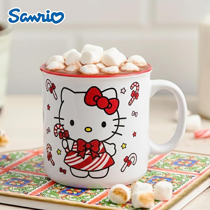 Silver Buffalo Sanrio Hello Kitty Christmas Candy Canes Glitter Ceramic Camper Mug, 20 Ounces
